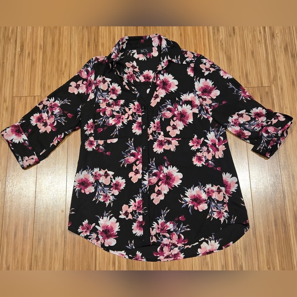 NWOT BCX Floral Black and Pink Women's Top